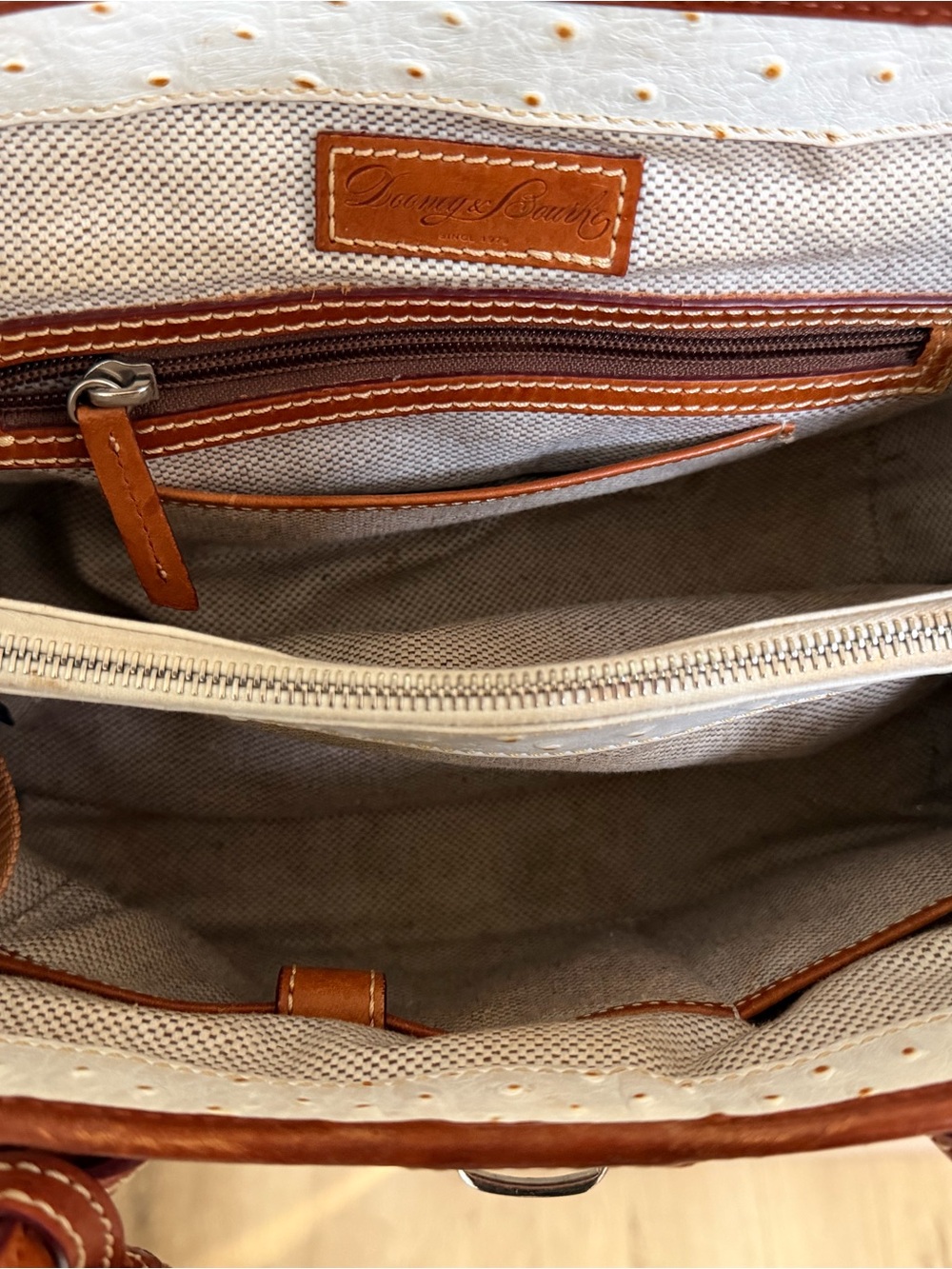 Dooney & Bourke White Ostrich-Texture Satchel with Brown Leather Trim - Picture 4 of 7